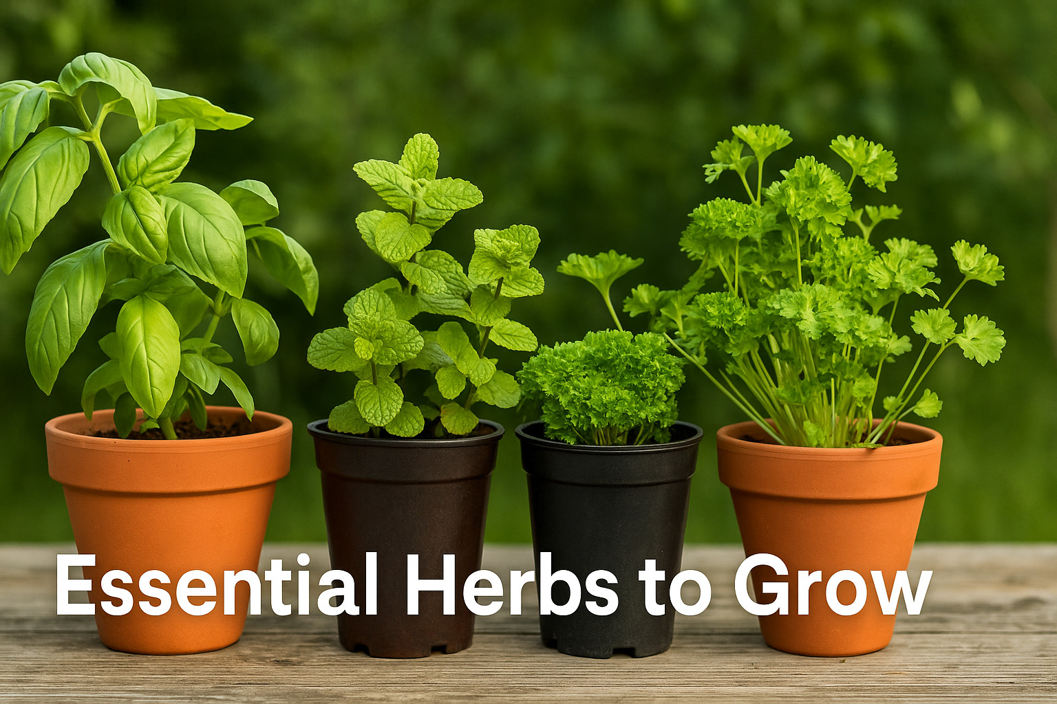 Four essential herbs—basil, mint, parsley, and cilantro—growing in pots on a wooden surface, showcasing must-have plants for a kitchen herb garden